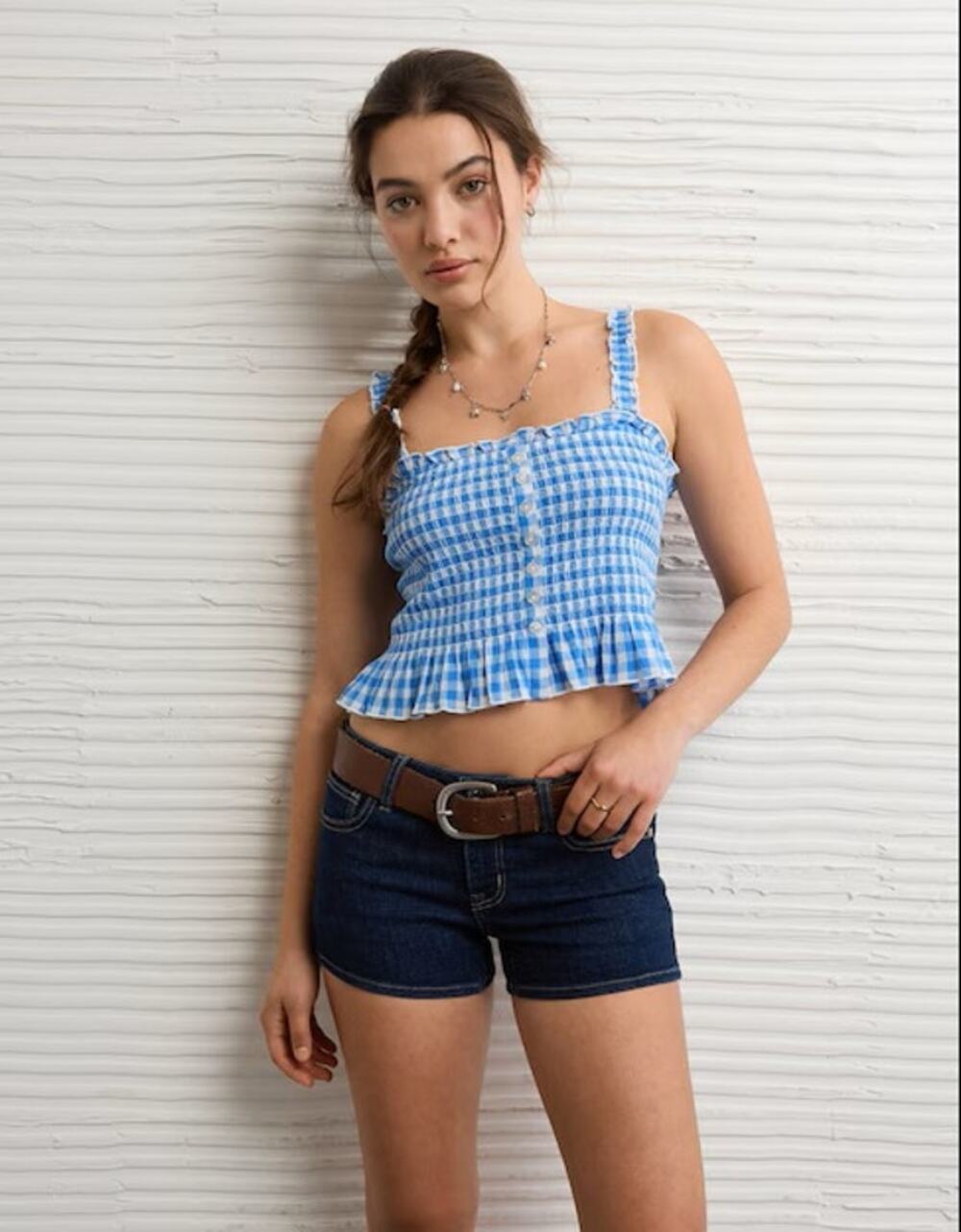 American Eagle Smocked Button Up Check Print Cropped Cami Blue Size Large